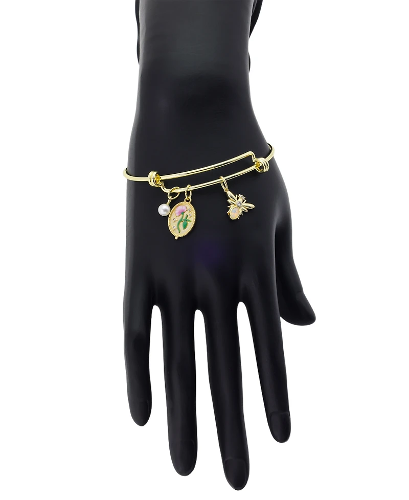 Unwritten Cubic Zirconia and Mother of Pearl Flower and Bee Charm Bangle Bracelet