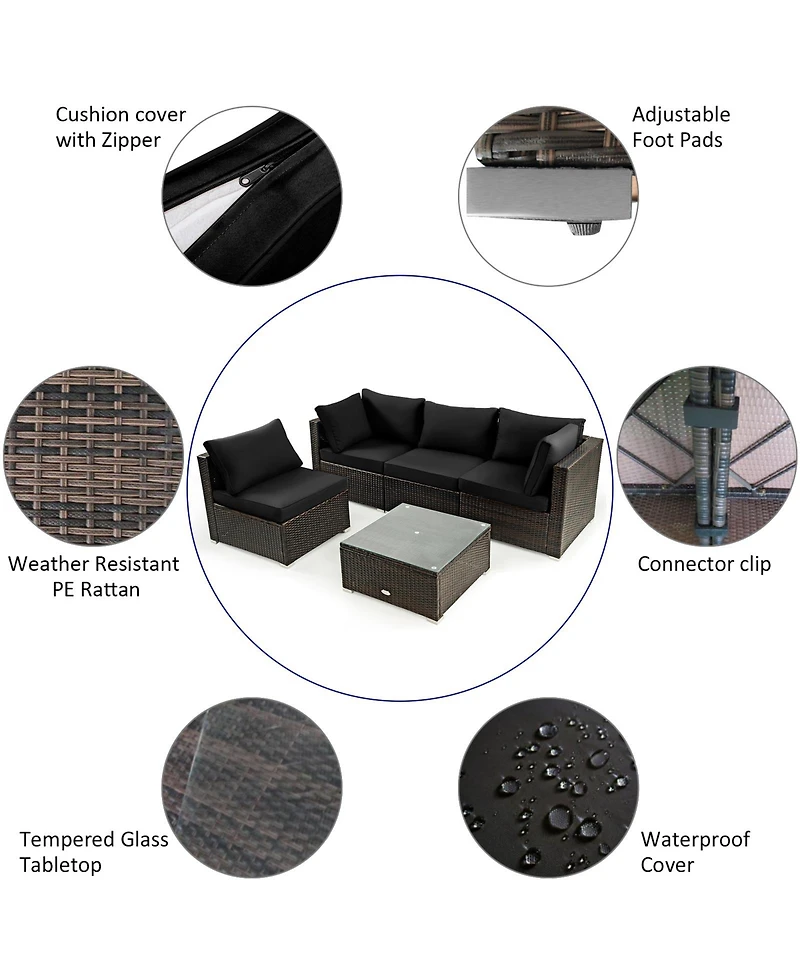 Costway 6PCS Patio Furniture Set Rattan Cushioned Sofa Gas Fire Pit Table