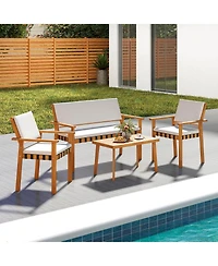 Costway 8 Pcs Wood Furniture Set with Coffee Table Seat Back Cushions for Backyard