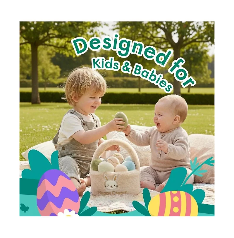 Sperric Easter Egg Plush Basket Toy Set, 9.5" Easter Egg Hunt Basket with Bunny Design, Soft Decorative Easter Plush Toys