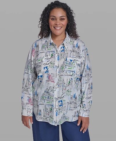 Karl Lagerfeld Paris Plus Printed Collared Blouse