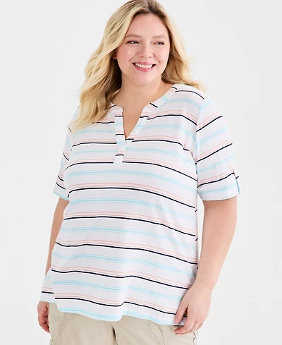 Style & Co Plus Striped Roll-Tab Elbow-Sleeve T-Shirt, Macy's Exclusive
