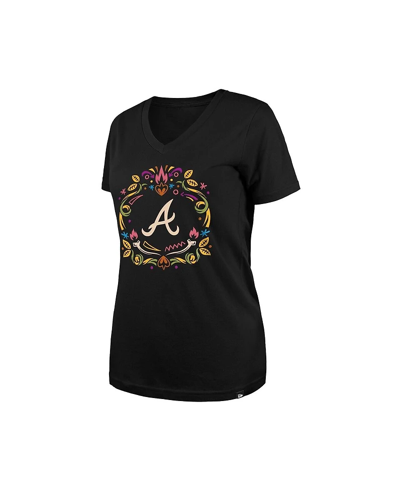 New Era Women's Black Atlanta Braves Dia De Los Muertos V-Neck T-Shirt