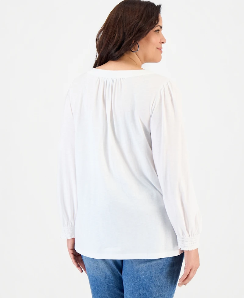 Style & Co Plus Smocked-Cuff Long-Sleeve V-Neck Top, Macy's Exclusive