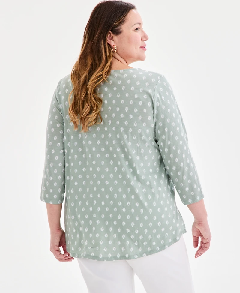 Style & Co Plus Pintucked Split-Neck 3/4-Sleeve Top, Macy's Exclusive