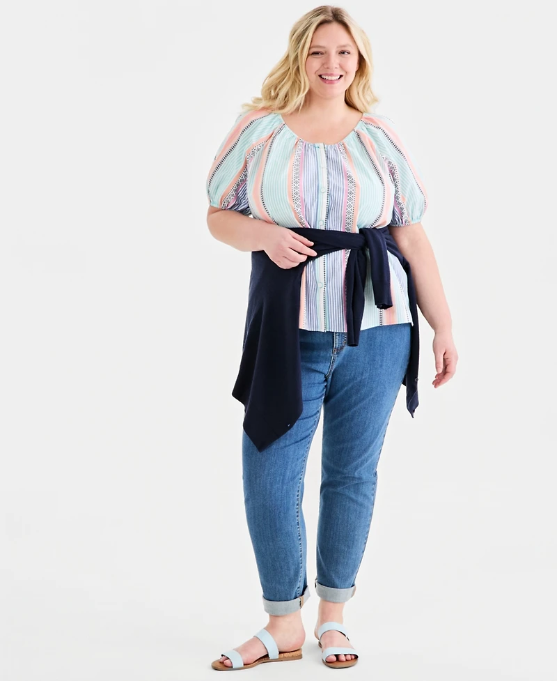 Style & Co Plus Cotton Button-Front Puff-Sleeve Top, Macy's Exclusive