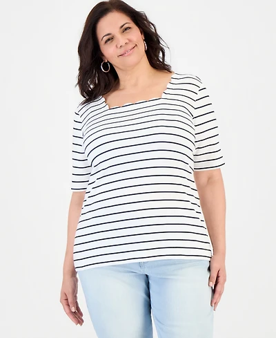 Style & Co Plus Scalloped Square-Neck Striped Top, Macy's Exclusive