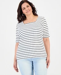 Style & Co Plus Scalloped Square-Neck Striped Top, Macy's Exclusive