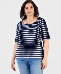 Style & Co Plus Striped Scalloped Square-Neck Top, Macy's Exclusive