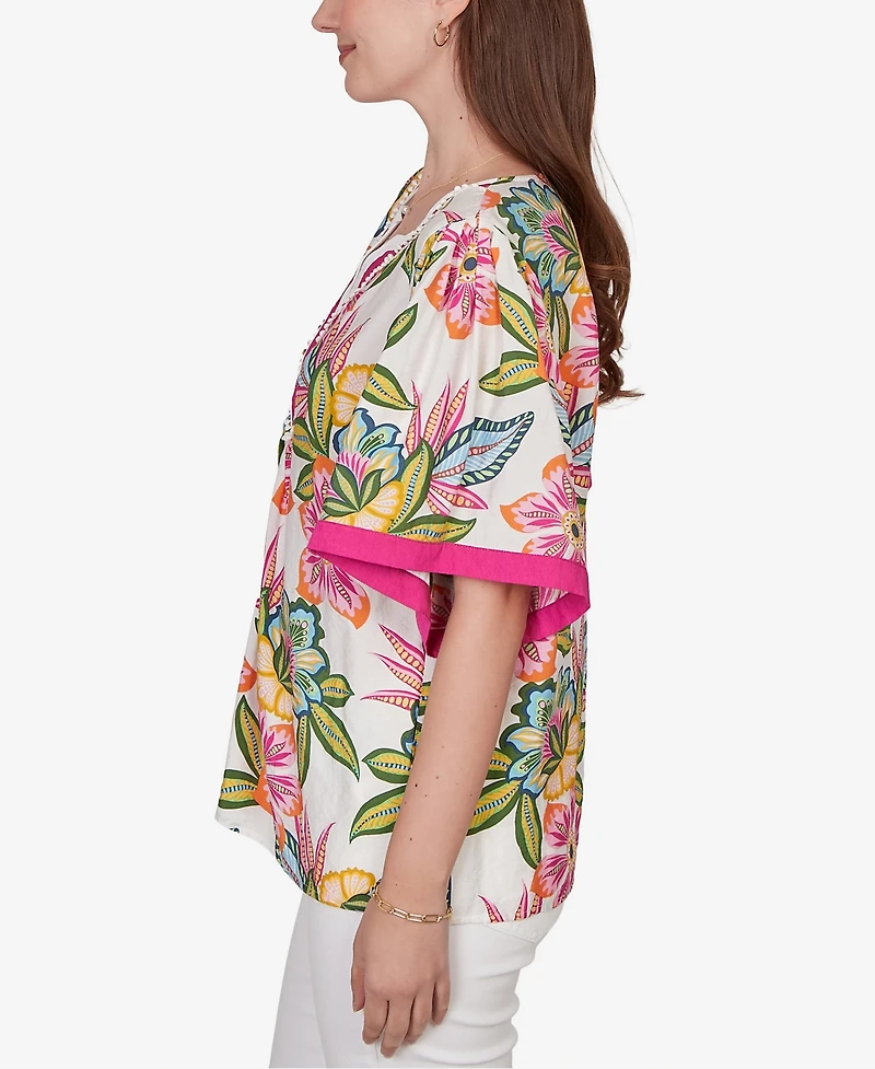 Ruby Rd. Petite Tropical Floral Trim Detail Top