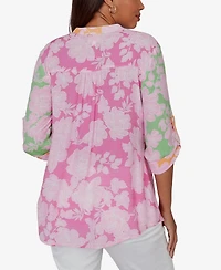 Ruby Rd. Petite Color-Block Floral Pintuck Gauze Top