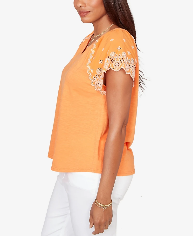 Ruby Rd. Petite Embroidered Sleeve Slub Knit T-shirt
