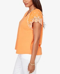 Ruby Rd. Petite Embroidered Sleeve Slub Knit T-shirt
