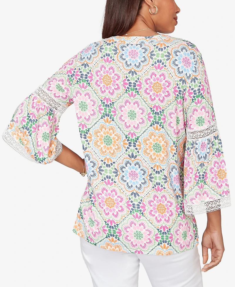 Ruby Rd. Petite Medallion Print Lace Detail Knit Top