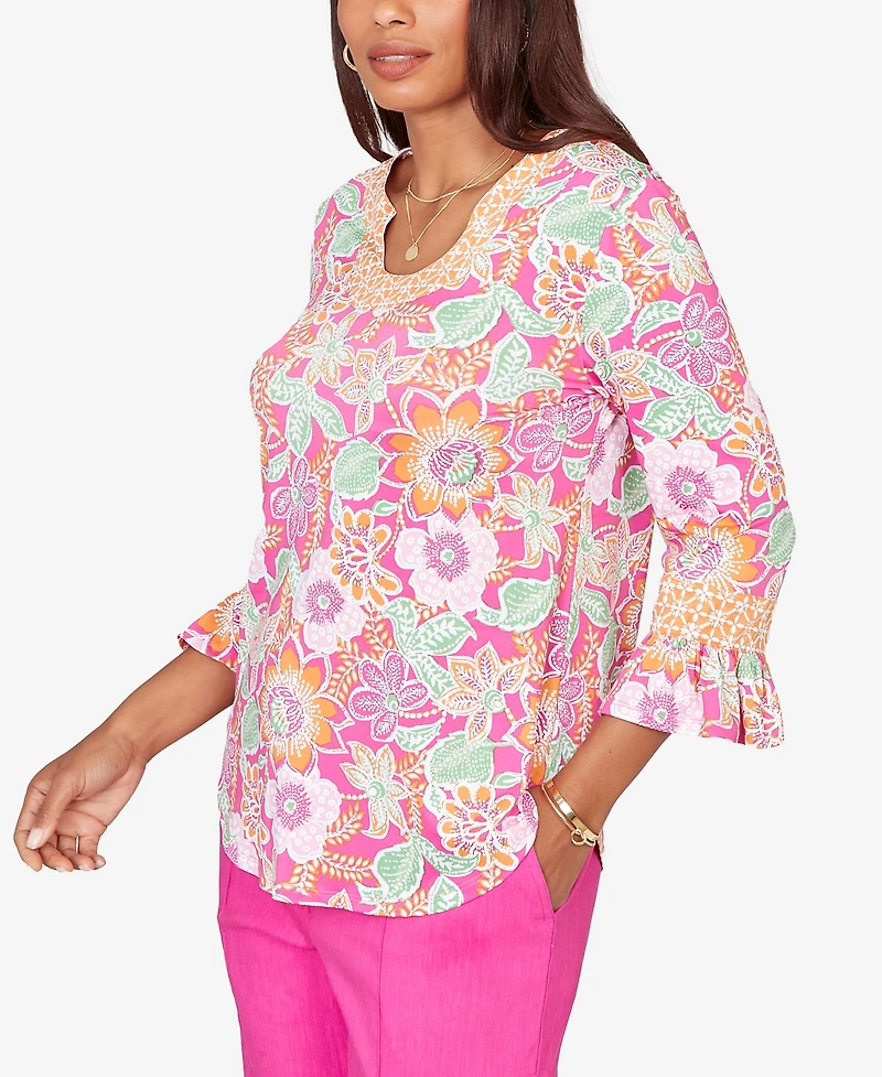 Ruby Rd. Petite Floral Puff Print Ruffle-Sleeve Knit Top