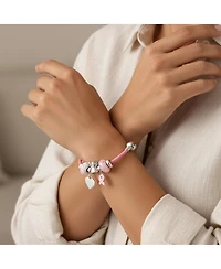 Bling Jewelry Support Breast Cancer Survivor Angel Pink Ribbon Multi Bead Charm Leather Bracelet .925 Sterling Silver