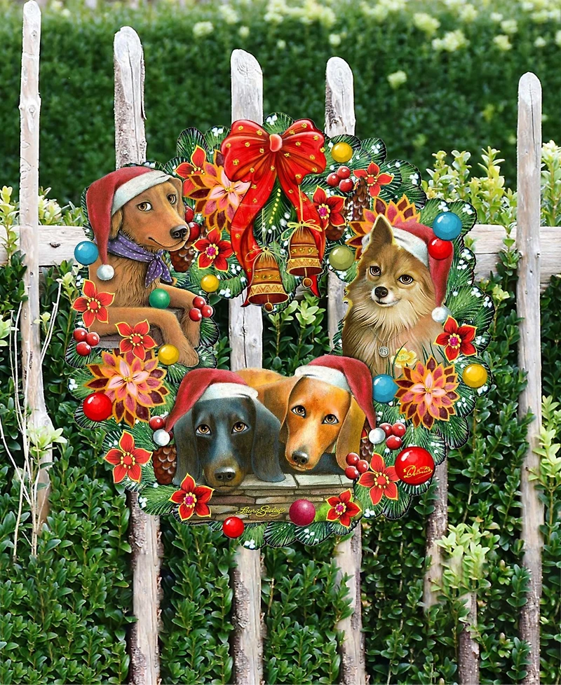 Designocracy Christmas Friends Puppy Wreath Holiday Outdoor Decor Large Ornament