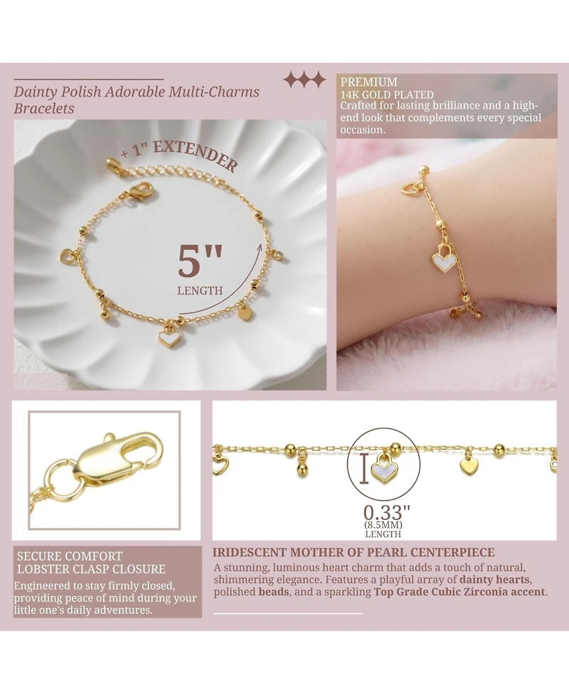 GiGiGirl 14k Yellow Gold Plated Adjustable Bracelet with Heart Charms and Beads for Kids