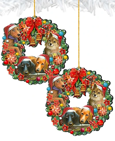 Designocracy Christmas Friends Puppy Wreath Holiday Ornaments, Set of 2