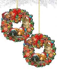 Designocracy Christmas Friends Puppy Wreath Holiday Ornaments, Set of 2