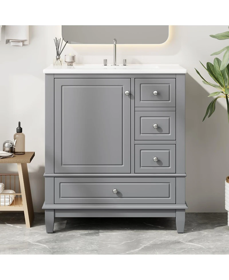 Sillysis 30'' Bathroom Vanity with Ceramic Sink, Solid Wood & Mdf, Multi-Drawer Storage Soft Close Door for Modern Bathrooms