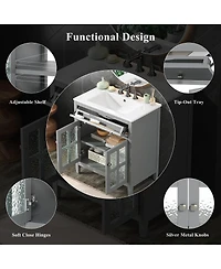 Sillysis 30" Bathroom Vanity with Sink, Modern Solid Wood Cabinet Textured Glass Doors, Flip-Out Tray & Adjustable Shelf