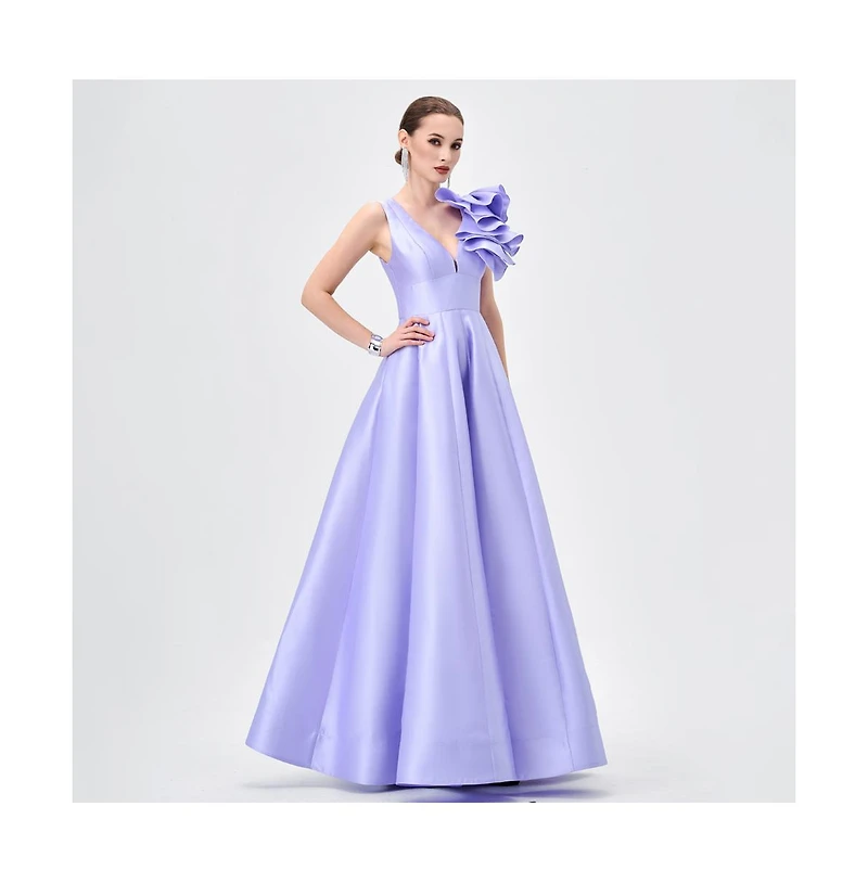 Bariano Women's Mirella V Neck Ruffle Gown