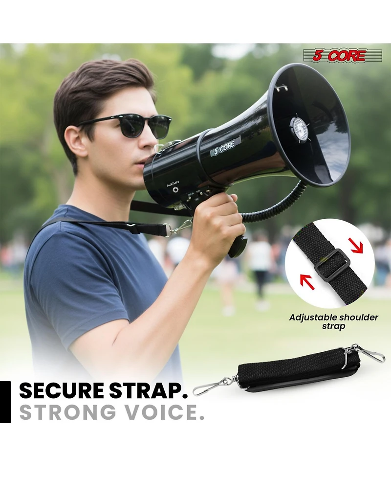 5 Core Megaphone 50W Bullhorn 1100 Yards Loud Siren Maker w Adjustable Volume for Soccer Coaches