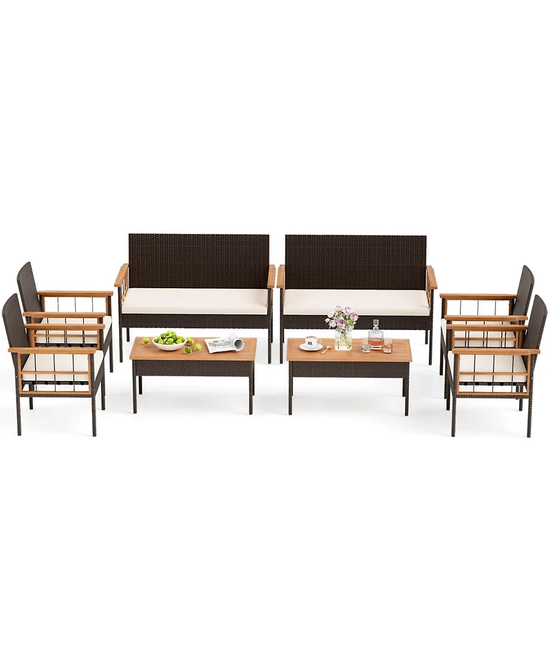 Costway 8 Pcs Wicker Furniture Set with Acacia Wood Tabletop Armrests Cushions for Backyard