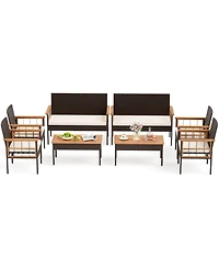 Costway 8 Pcs Wicker Furniture Set with Acacia Wood Tabletop Armrests Cushions for Backyard