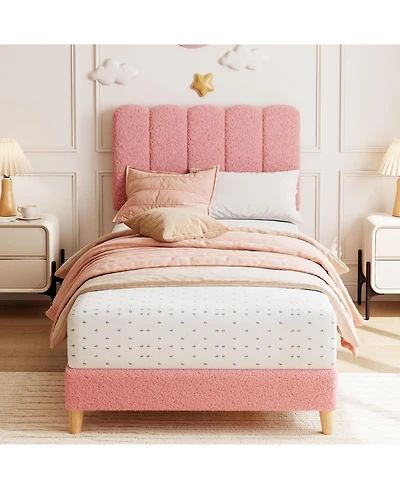 gaomon Bed Frame, Boucle Upholstered Platform Bed with Wave Headboard for Girls/Boys/Kids, Easy Assembly,Wooden Slats Support, No Box Spring Needed