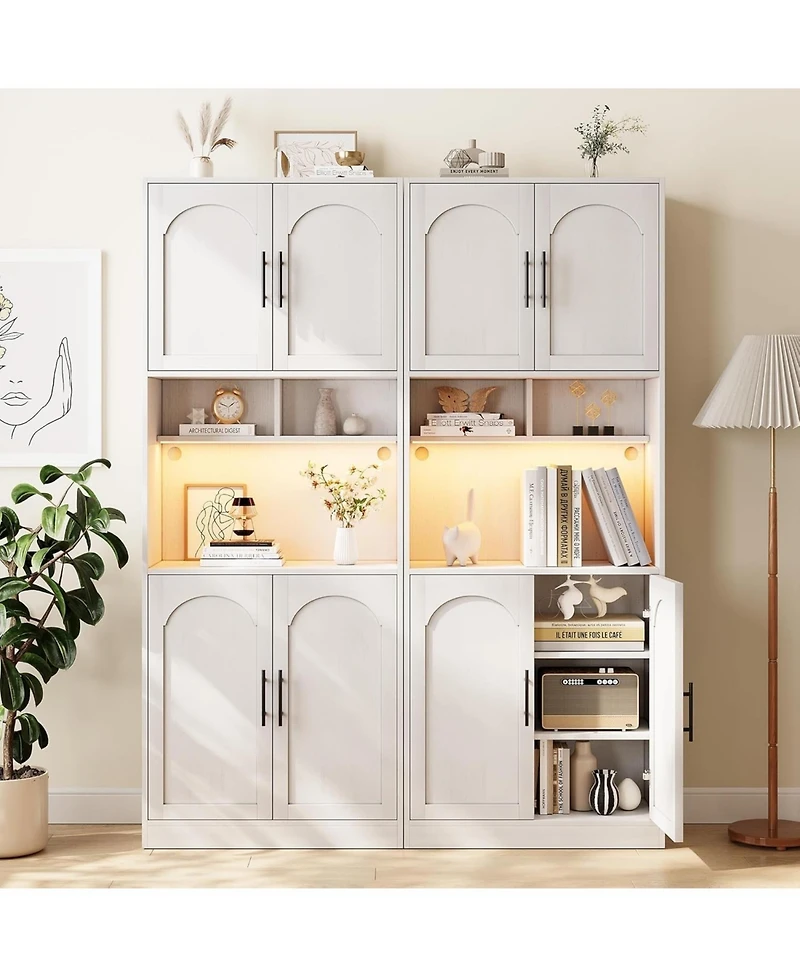 gaomon Tall Pantry Cabinet with Countertop, Kitchen Cabinets with Led Light Strip & Microwave Shelf