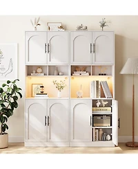 gaomon Tall Pantry Cabinet with Countertop, Kitchen Cabinets with Led Light Strip & Microwave Shelf