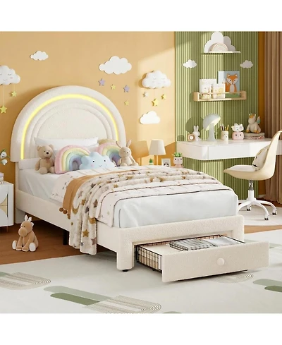 gaomon Twin Led Bed Frame with Storage Drawer, Rainbow Headboard, Fleece Princess Platform for Kids, Wood Slats, No Box Spring