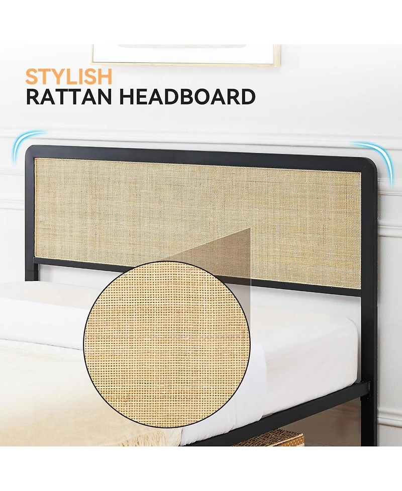 gaomon Rattan Bed Frame with Cane Headboard, Boho Platform, Slat Support, No Box Spring, Easy Assembly