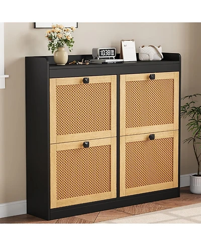 gaomon Shoe Cabinet with 4 Deep Flip Drawers Base Freestanding Wooden Shoe Storage Cabinet with Rattan Door