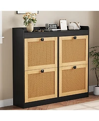 gaomon Shoe Cabinet with 4 Deep Flip Drawers Base Freestanding Wooden Shoe Storage Cabinet with Rattan Door