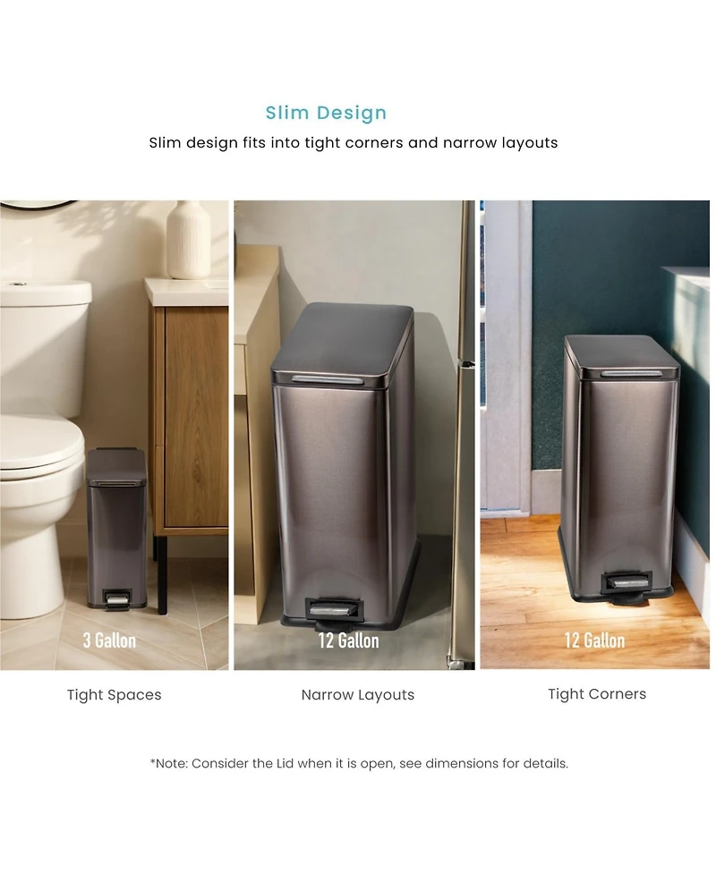 Home Zone Living 12 Gallon and 3 Gallon Slim Stainless Steel Trash Can Combo Set with Step Pedals and Soft Close Lids