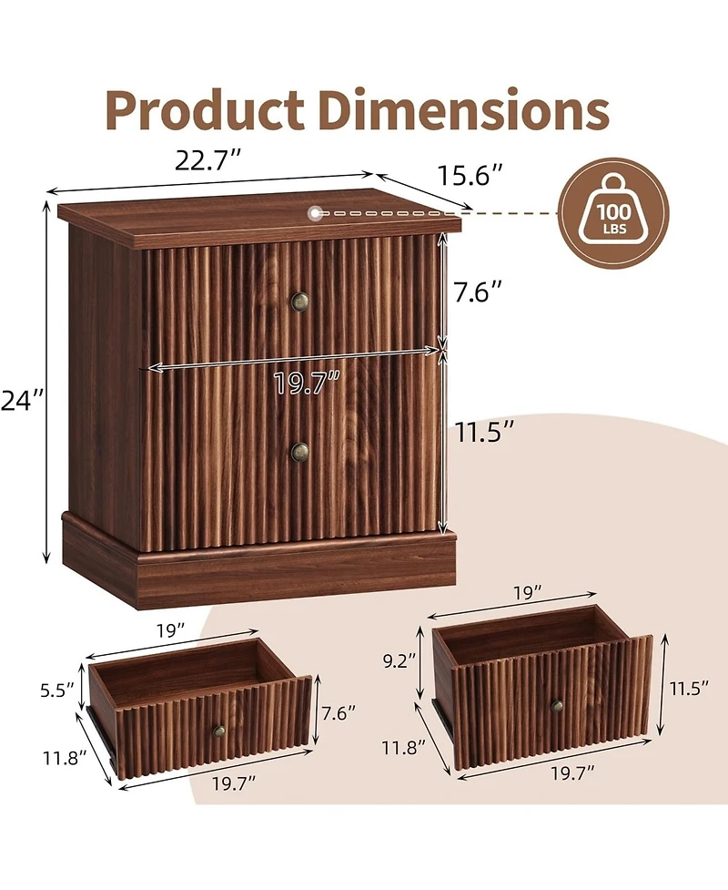 gaomon Fluted Nightstand with Drawers, Mid Century Modern Bedside Table, Brown Nightstand with Storage