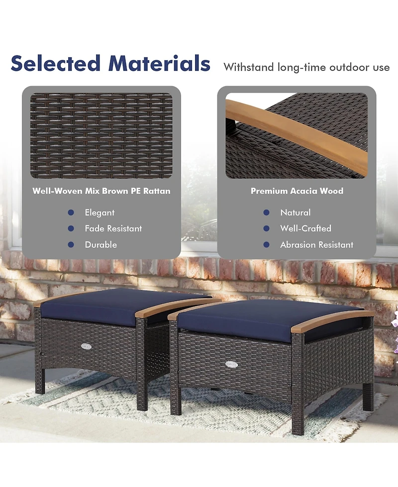 Gymax 2PCS Patio Ottomans Wooden Handles Rattan Knitting Foot Pedal