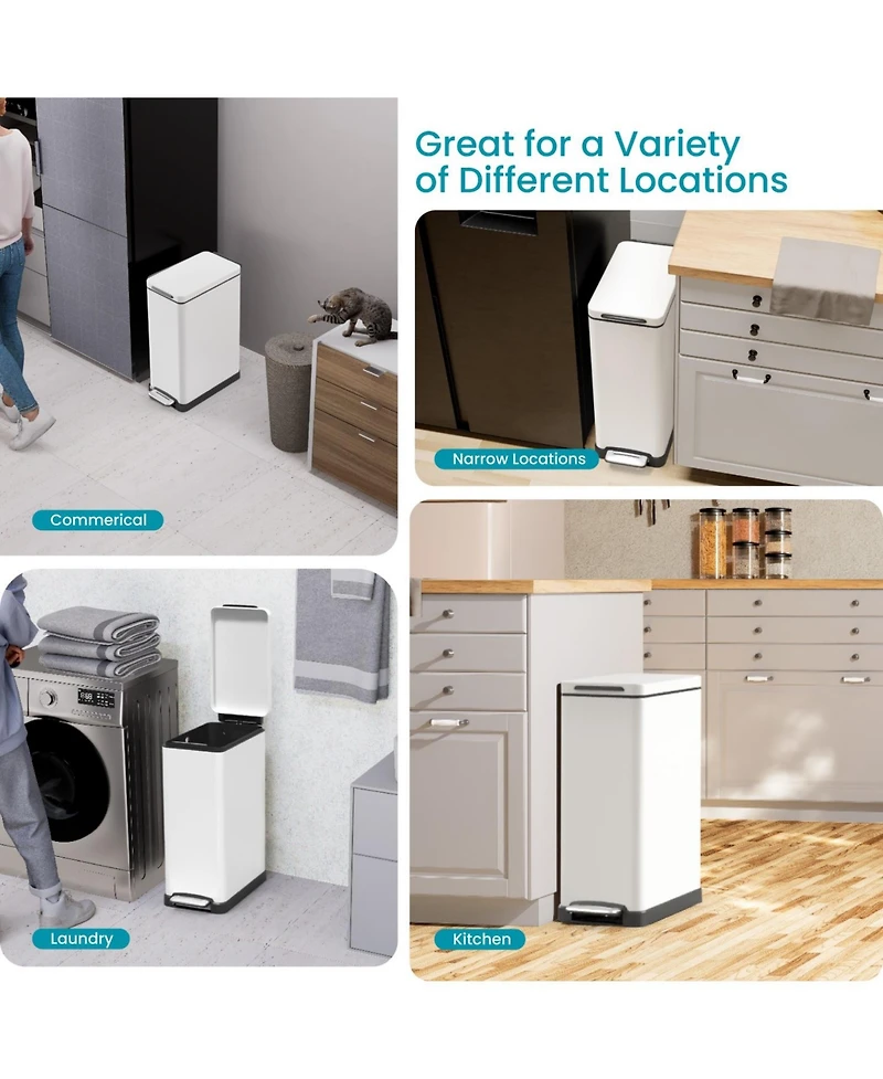 Home Zone Living 12 Gallon Slim Stainless Steel Kitchen Trash Can with Step Pedal and Soft Close Lid