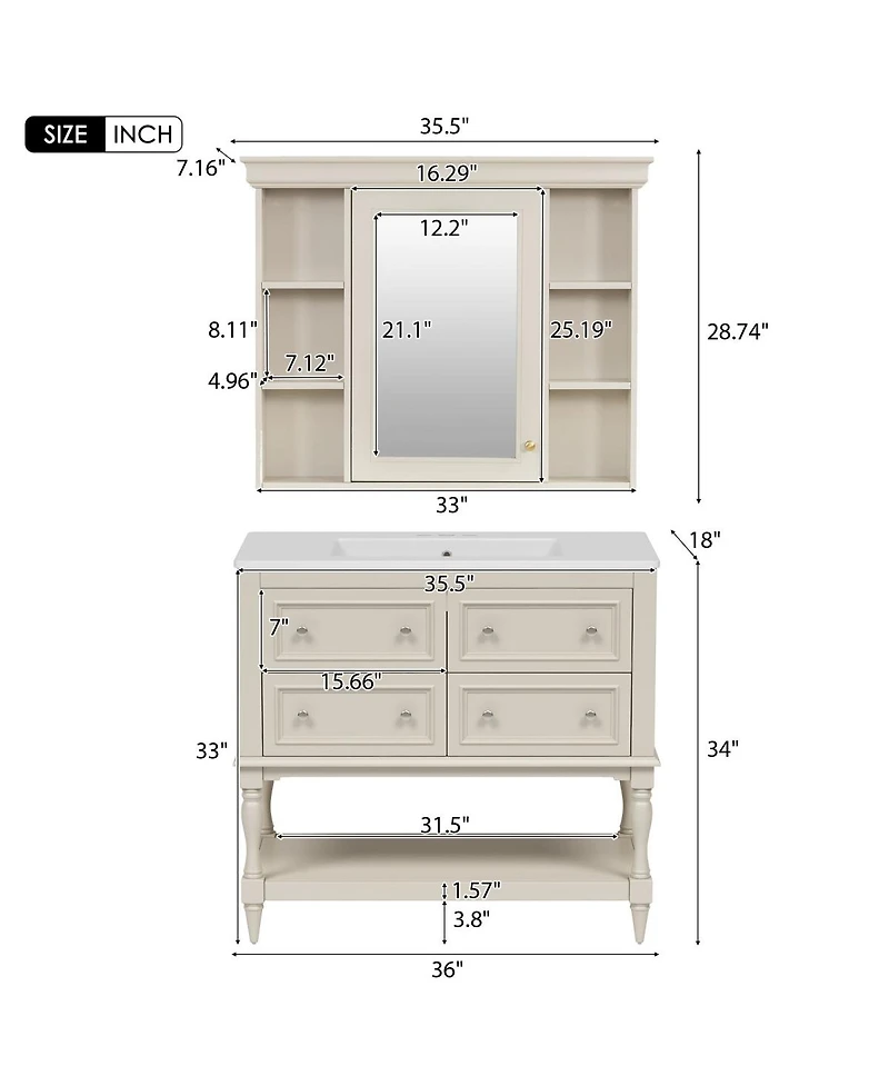 Sillysis 36'' Luxury Bathroom Vanity Set with Mirror Cabinet, Solid Wood & Mdf, Large Storage Shelf for Modern Bathrooms