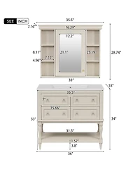 Sillysis 36'' Luxury Bathroom Vanity Set with Mirror Cabinet, Solid Wood & Mdf, Large Storage Shelf for Modern Bathrooms