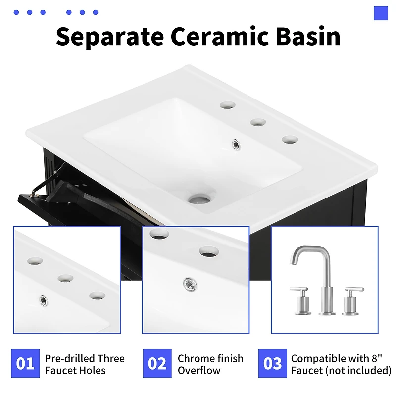 Sillysis Bathroom Vanity with Sink, Freestanding Solid Wood & Mdf Cabinet, Flip Drawer Adjustable Shelf for Storage