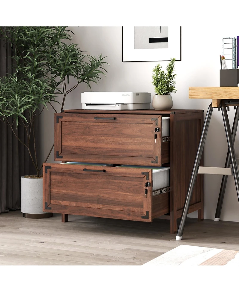 Rainsken 2 Drawer File Cabinet, Home Office Filing Organizer, Wood Lateral Filing Cabinet with Lock for Letter/Legal/A4/F4
