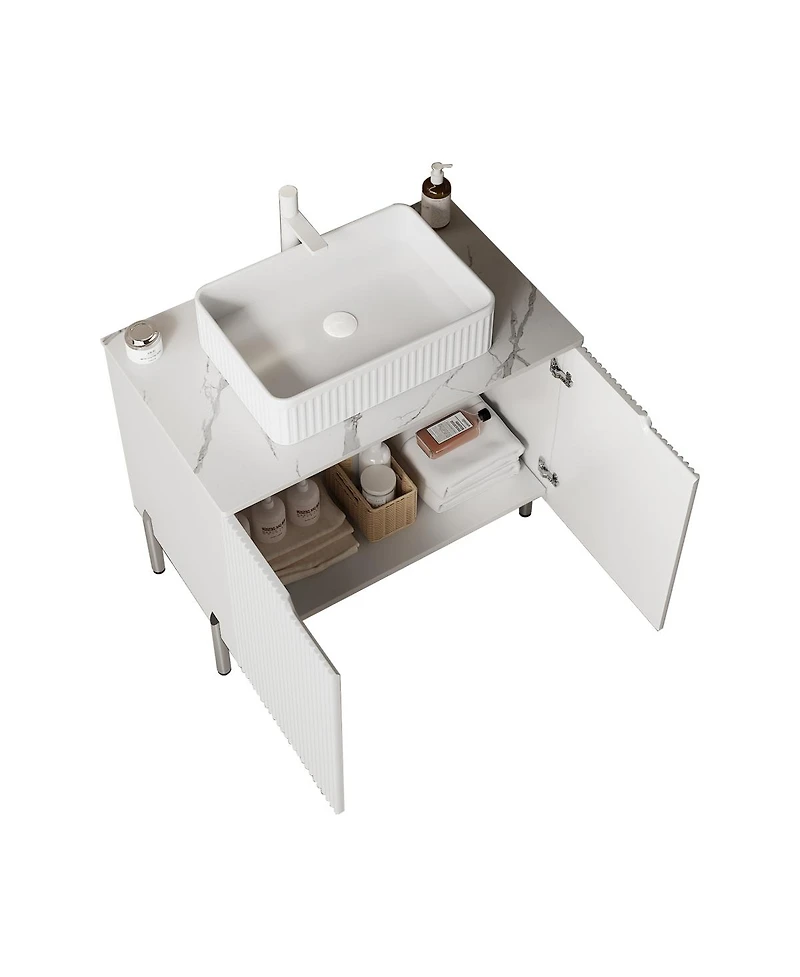 Sillysis 30'' Bathroom Vanity with Carrara Countertop, French Striped Ceramic Basin, Soft Close Doors & Large Storage for Modern