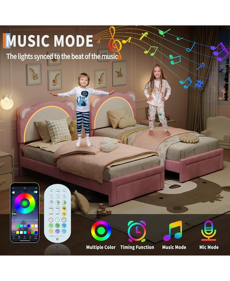 gaomon Kids Velvet Bed Frame with Led Lights, Adjustable Bear Headboard , Under-Bed Storage, Solid Wood Slats, Noise-Free