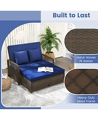 Gymax Patio Rattan Daybed Wicker Loveseat Sofa w/ Multifunctional Ottoman