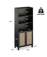 Rainsken 71" Tall Bookshelf, 5 Tier Wood Storage Bookcase with Rattan Doors, Ample Storage Space for Living Room, Home Office