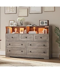 gaomon 7-Drawer Dresser with Led Lights & Charging Station, Wooden Chest with Open Storage for Bedroom